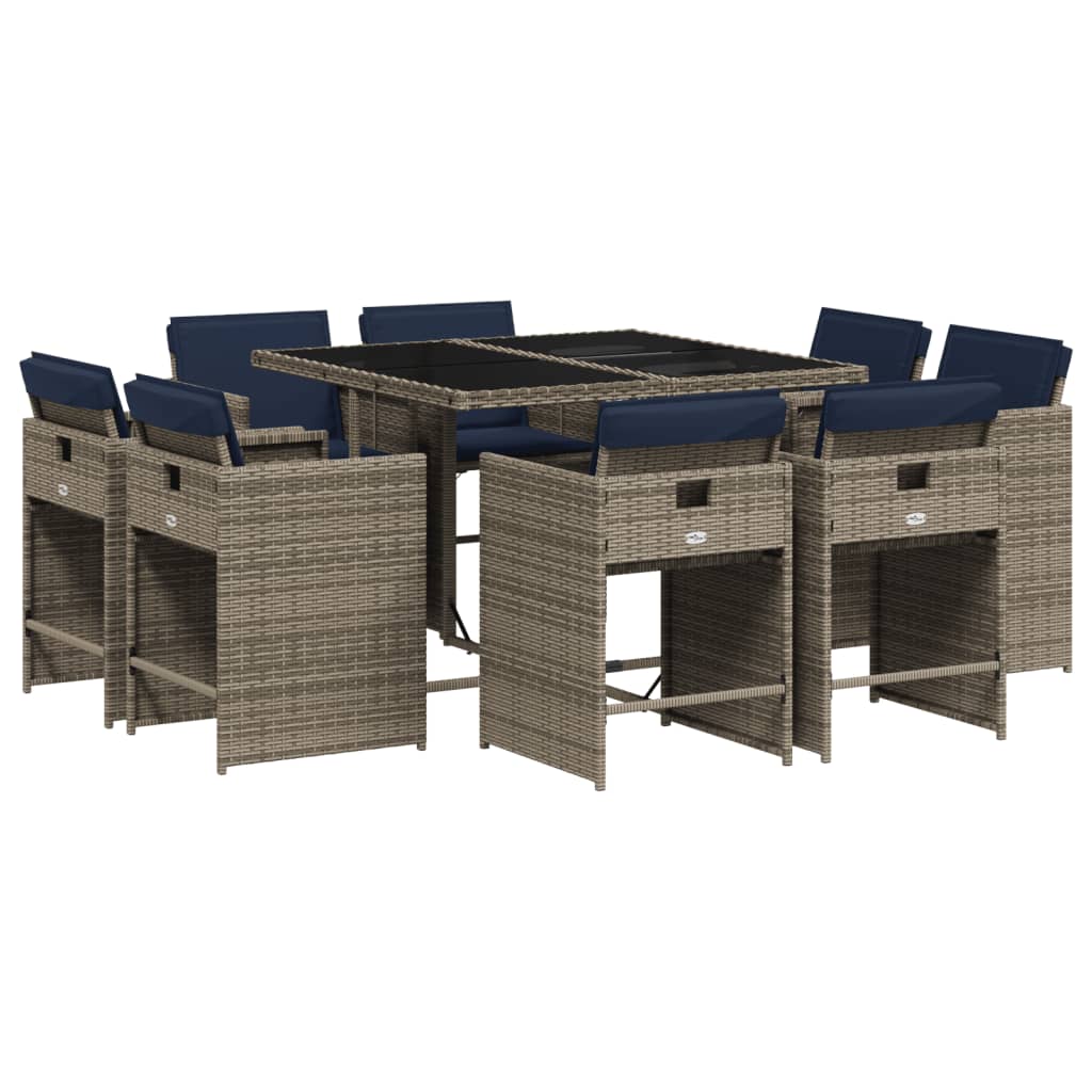 9 Piece Garden Dining Set with Cushions Grey Poly Rattan