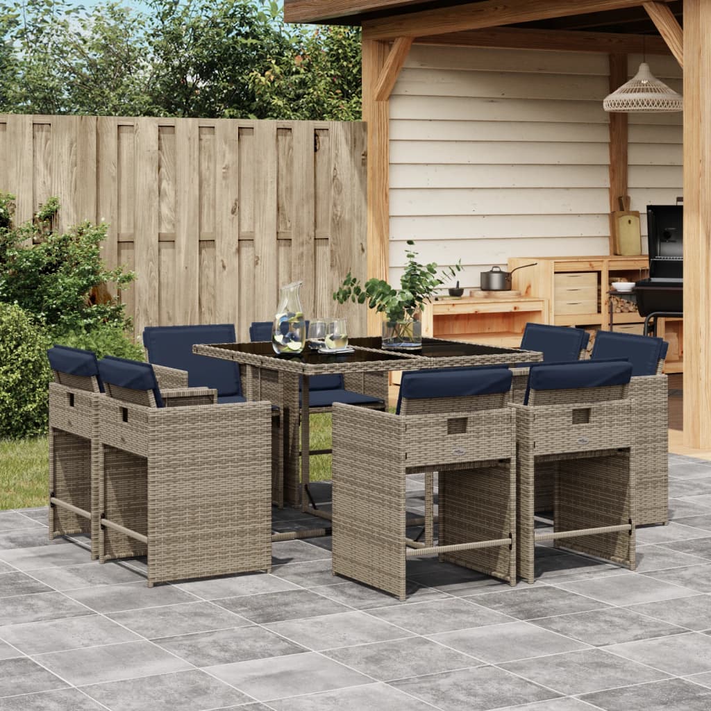 9 Piece Garden Dining Set with Cushions Grey Poly Rattan
