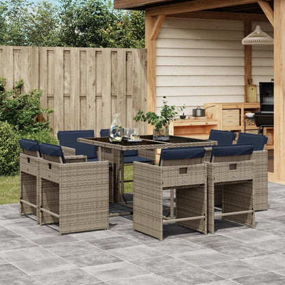 9 Piece Garden Dining Set with Cushions Grey Poly Rattan