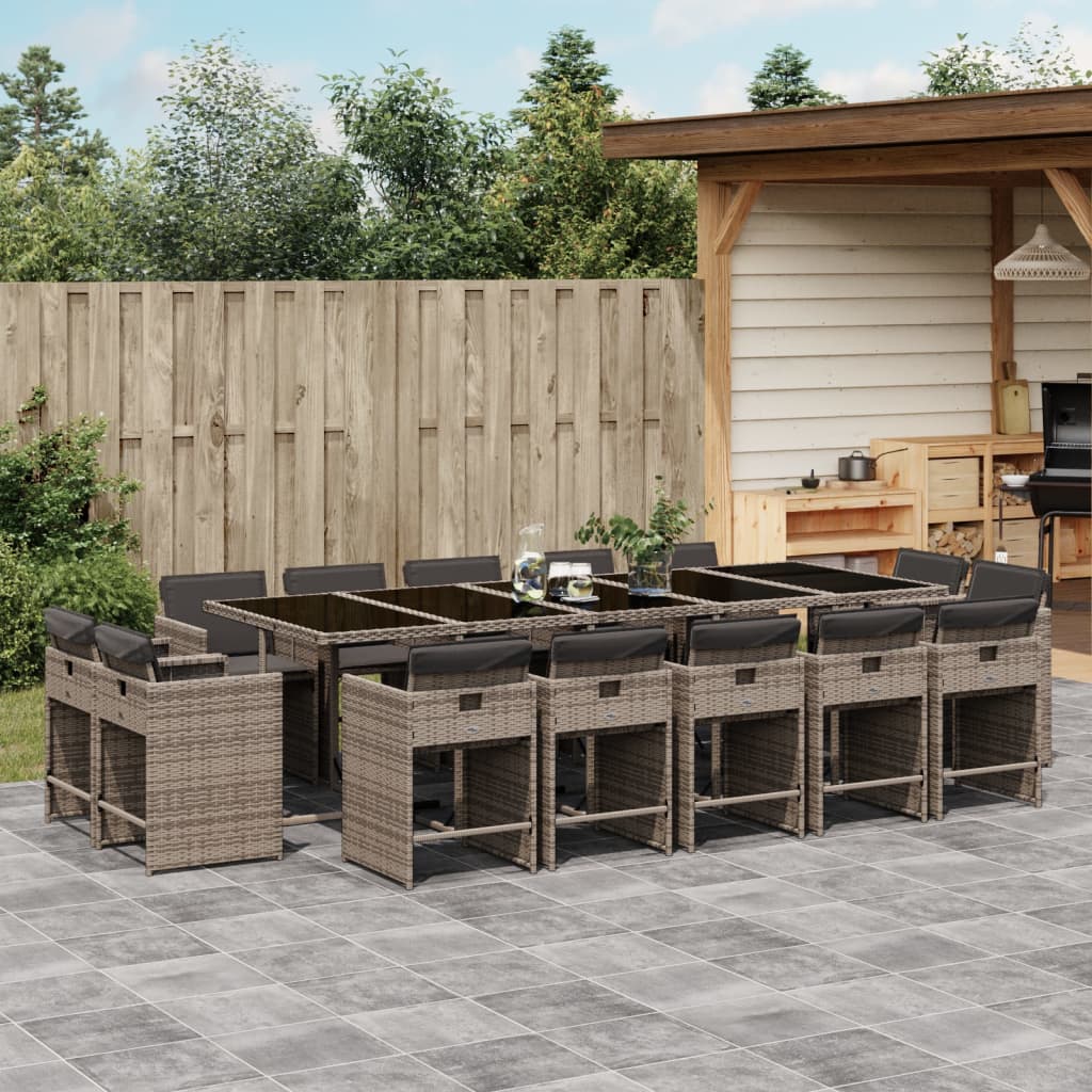 15 Piece Patio Dining Set with Cushions Gray Poly Rattan