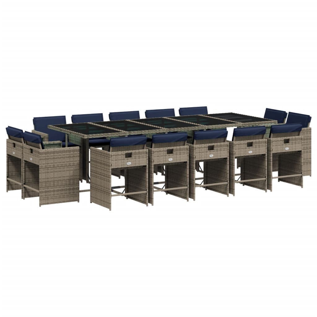 15 Piece Garden Dining Set with Cushions Grey Poly Rattan