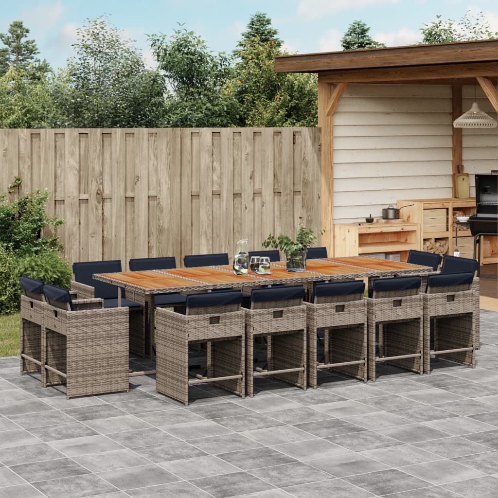 15 Piece Garden Dining Set with Cushions Grey Poly Rattan