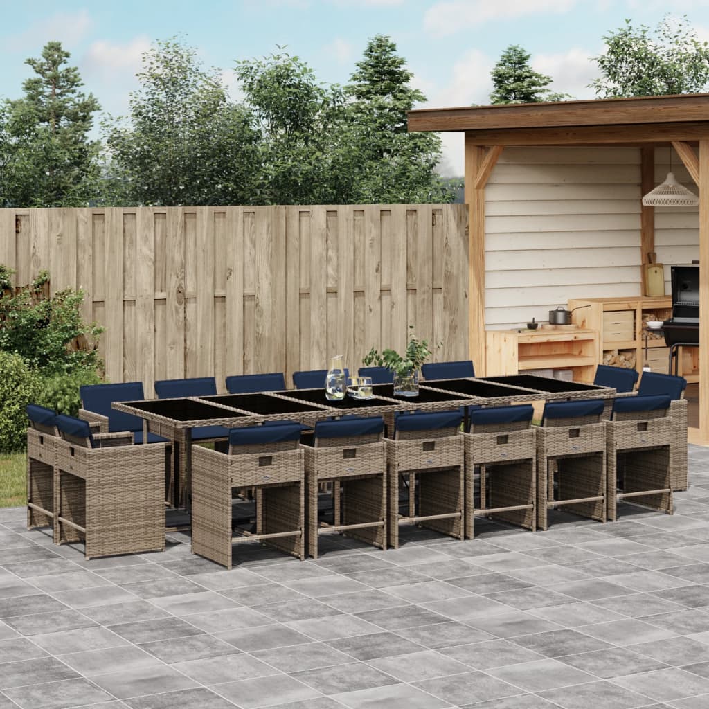 17 Piece Garden Dining Set with Cushions Grey Poly Rattan