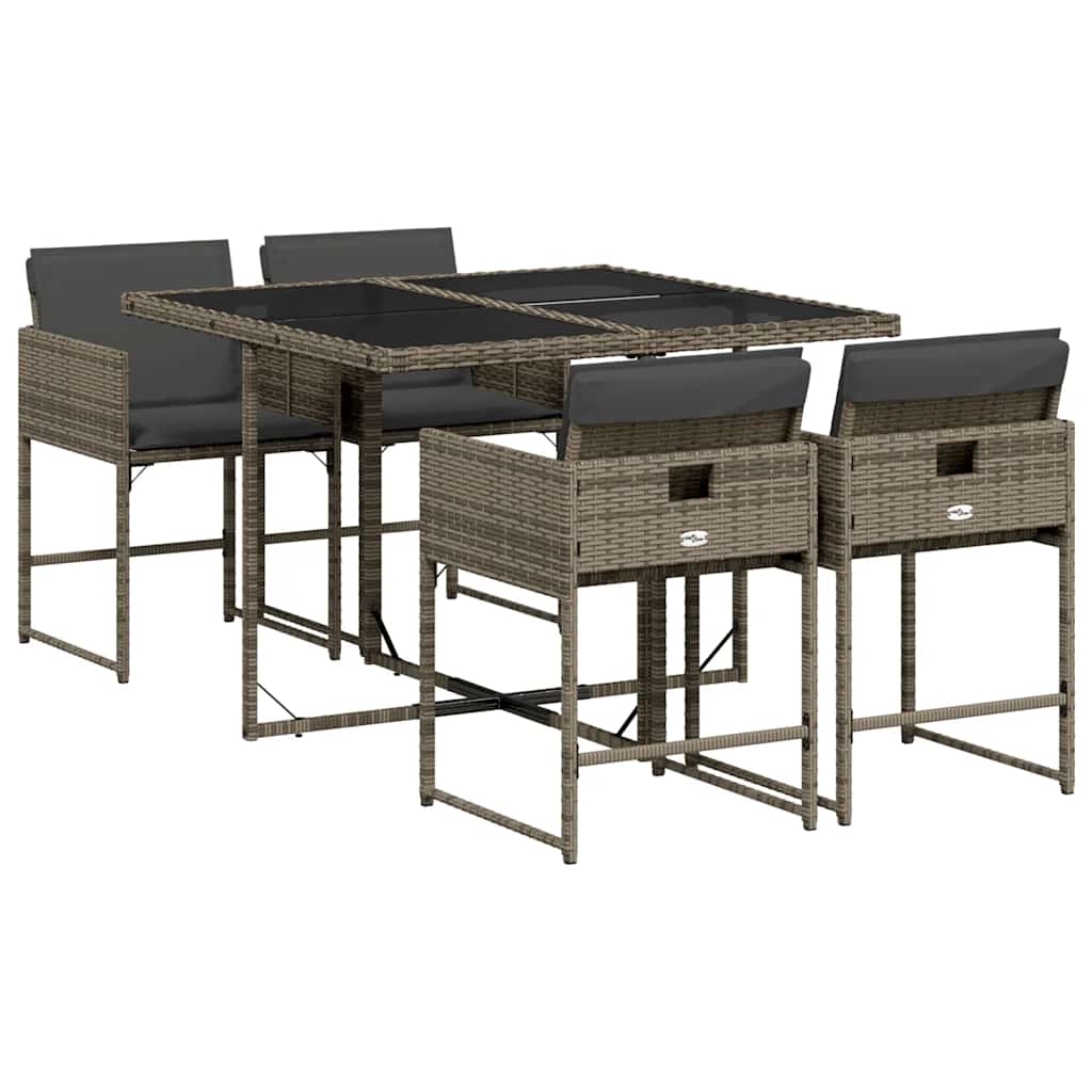 5 Piece Patio Dining Set with Cushions Gray Poly Rattan
