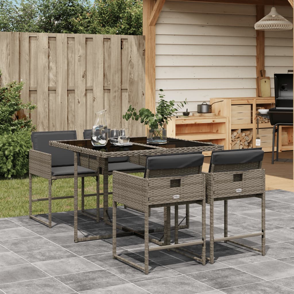 5 Piece Patio Dining Set with Cushions Gray Poly Rattan