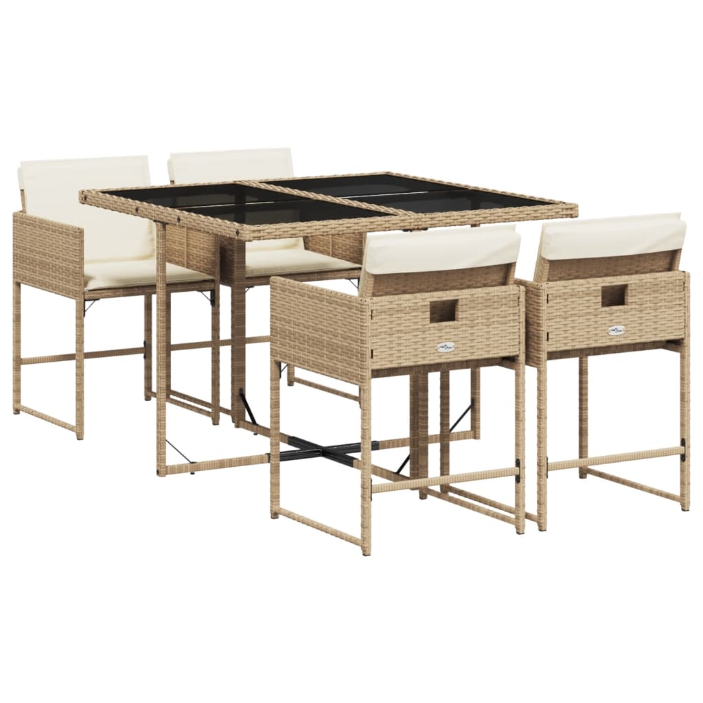 5 Piece Patio Dining Set with Cushions Beige Poly Rattan