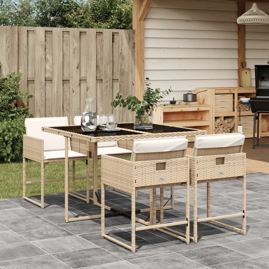 5 Piece Patio Dining Set with Cushions Beige Poly Rattan