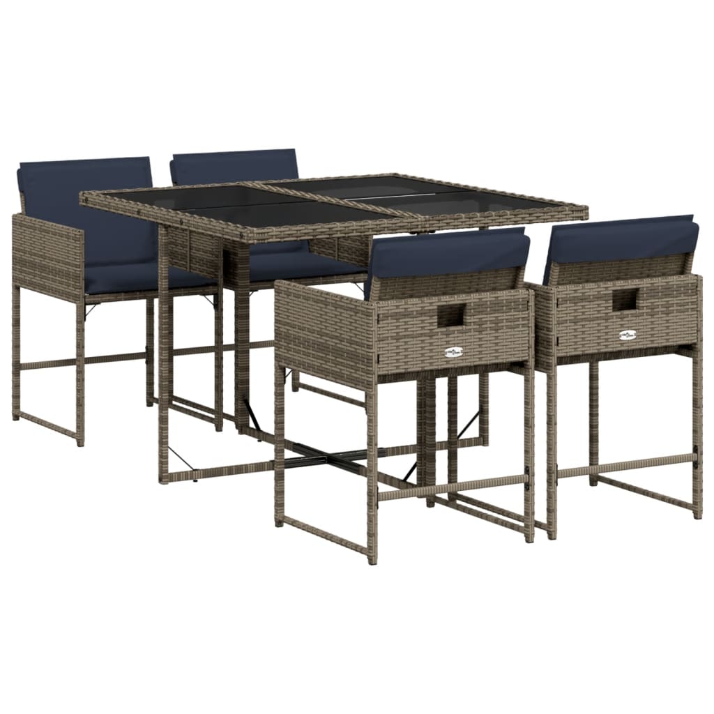 5 Piece Garden Dining Set with Cushions Grey Poly Rattan