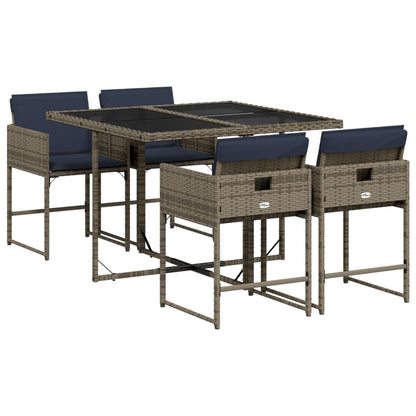 5 Piece Garden Dining Set with Cushions Grey Poly Rattan
