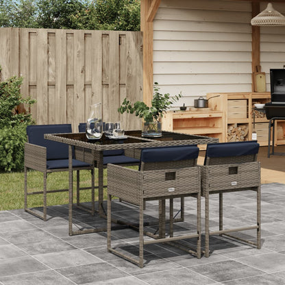 5 Piece Garden Dining Set with Cushions Grey Poly Rattan