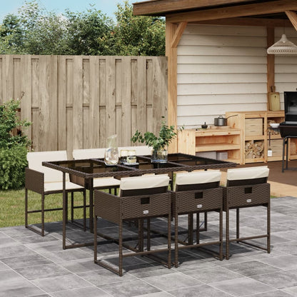 7 Piece Patio Dining Set with Cushions Brown Poly Rattan