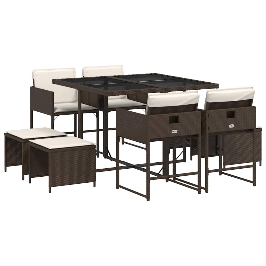 9 Piece Patio Dining Set with Cushions Brown Poly Rattan