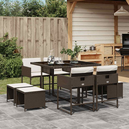 9 Piece Patio Dining Set with Cushions Brown Poly Rattan