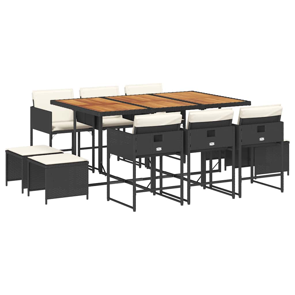 11 Piece Patio Dining Set with Cushions Black Poly Rattan