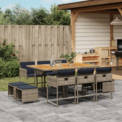 11 Piece Garden Dining Set with Cushions Grey Poly Rattan