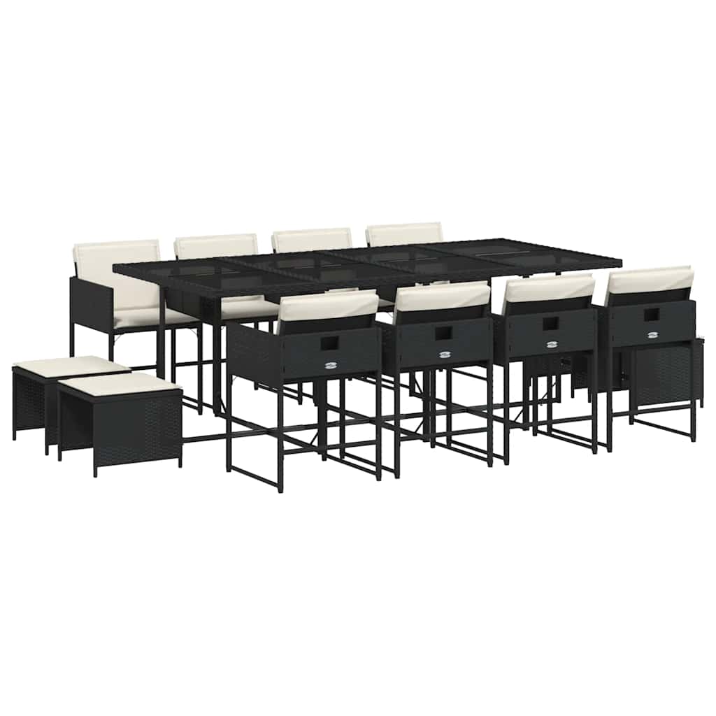 13 Piece Patio Dining Set with Cushions Black Poly Rattan