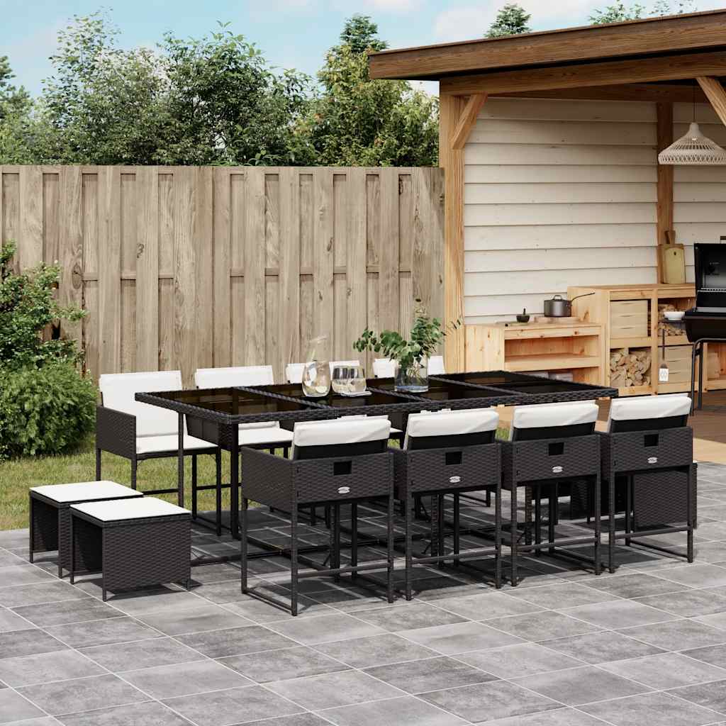 13 Piece Patio Dining Set with Cushions Black Poly Rattan