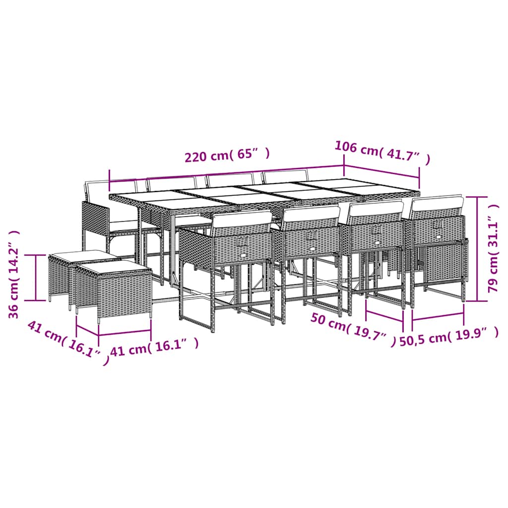 13 Piece Patio Dining Set with Cushions Brown Poly Rattan