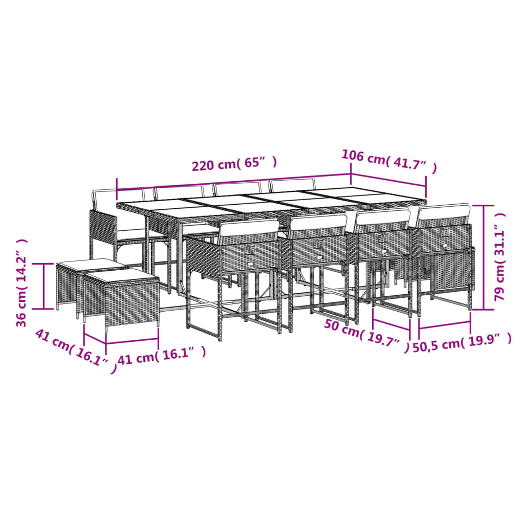 13 Piece Garden Dining Set with Cushions Grey Poly Rattan