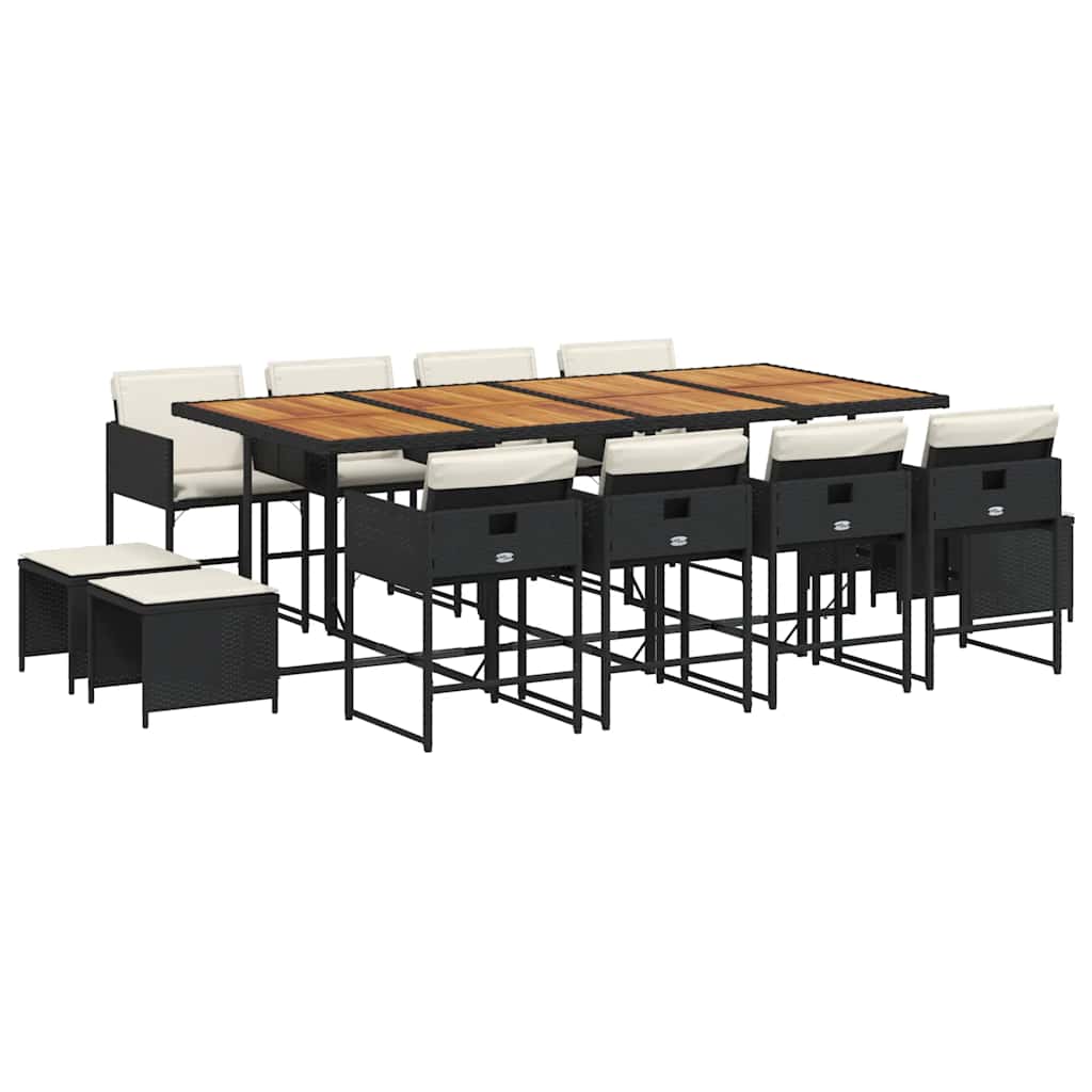13 Piece Patio Dining Set with Cushions Black Poly Rattan