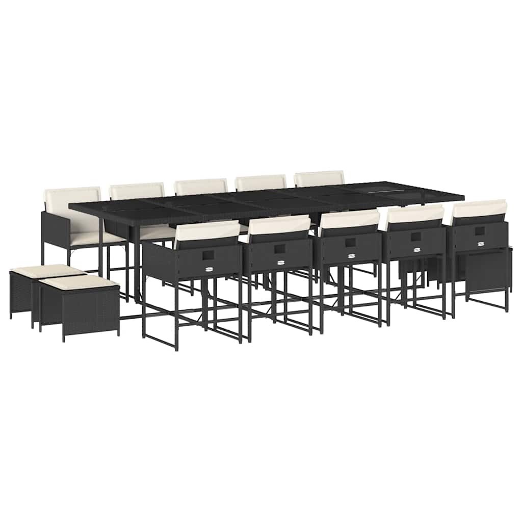 15 Piece Patio Dining Set with Cushions Black Poly Rattan