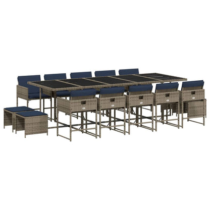 15 Piece Garden Dining Set with Cushions Grey Poly Rattan