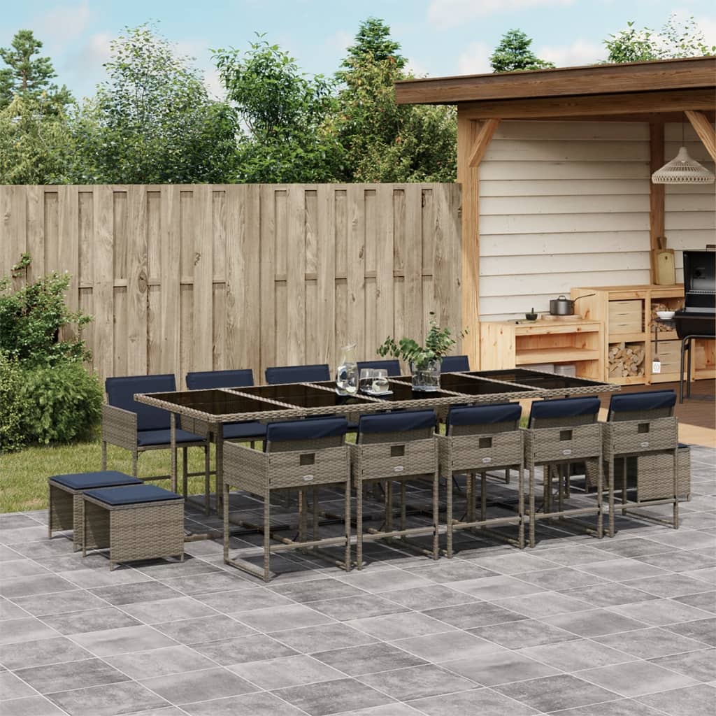 15 Piece Garden Dining Set with Cushions Grey Poly Rattan