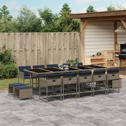 15 Piece Garden Dining Set with Cushions Grey Poly Rattan