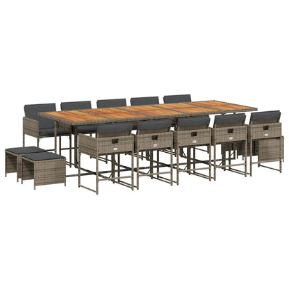 15 Piece Garden Dining Set with Cushions Grey Poly Rattan