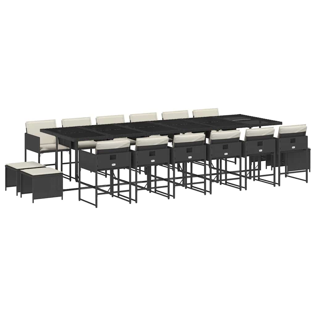 17 Piece Patio Dining Set with Cushions Black Poly Rattan