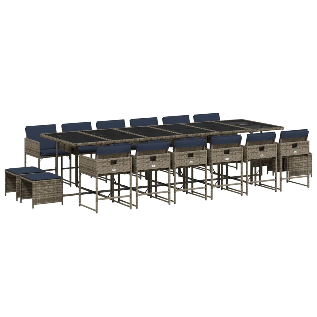 17 Piece Garden Dining Set with Cushions Grey Poly Rattan
