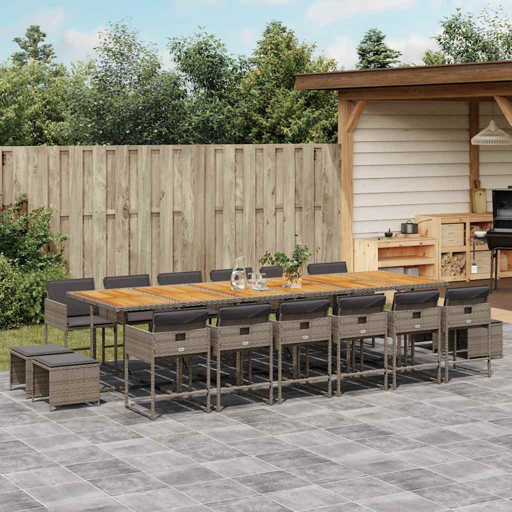 17 Piece Garden Dining Set with Cushions Grey Poly Rattan