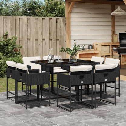 9 Piece Patio Dining Set with Cushions Black Poly Rattan