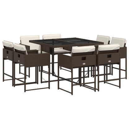 9 Piece Patio Dining Set with Cushions Brown Poly Rattan