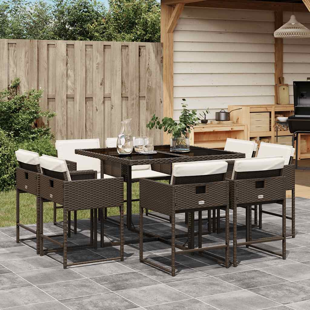 9 Piece Patio Dining Set with Cushions Brown Poly Rattan