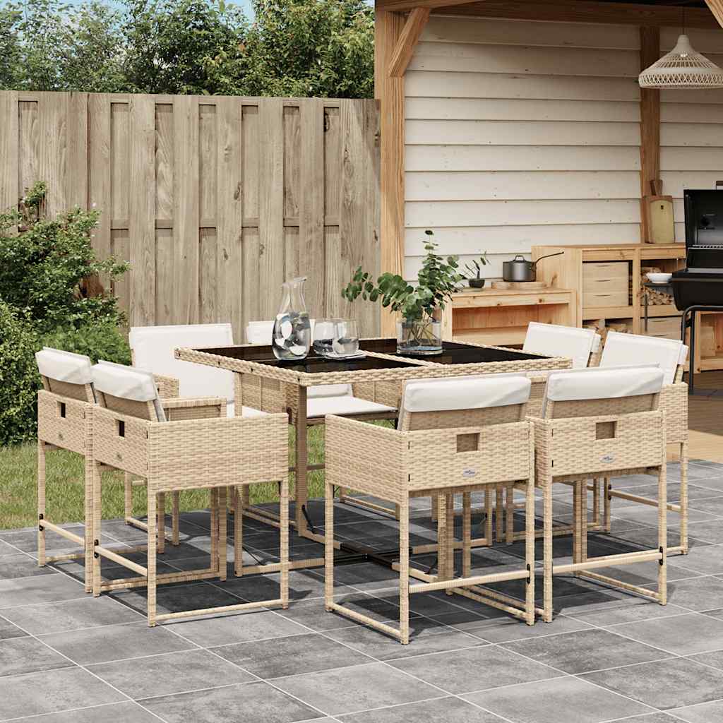 9 Piece Patio Dining Set with Cushions Beige Poly Rattan
