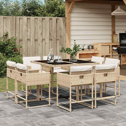 9 Piece Patio Dining Set with Cushions Beige Poly Rattan