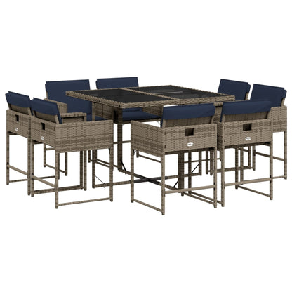 9 Piece Garden Dining Set with Cushions Grey Poly Rattan