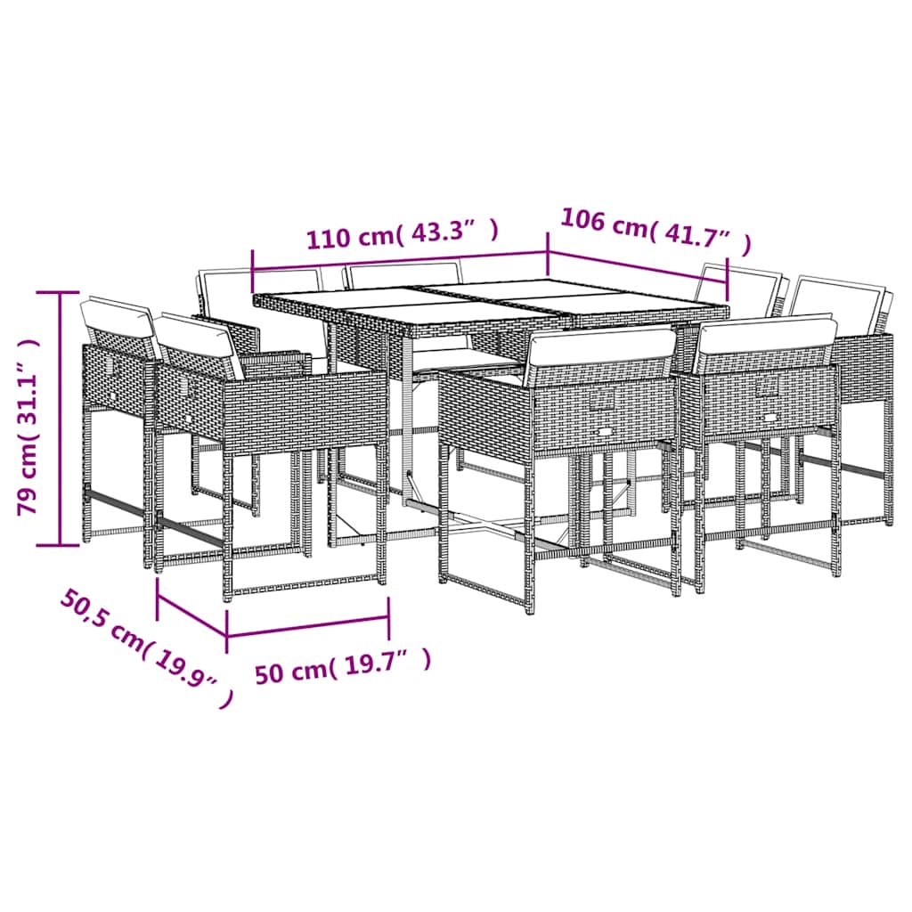 9 Piece Patio Dining Set with Cushions Gray Poly Rattan