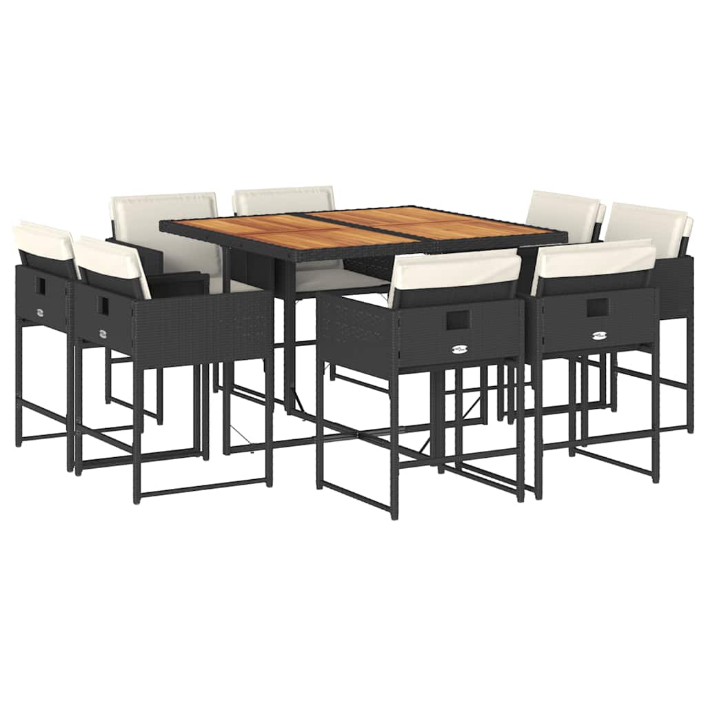 9 Piece Patio Dining Set with Cushions Black Poly Rattan