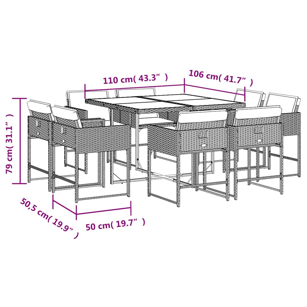 9 Piece Patio Dining Set with Cushions Black Poly Rattan
