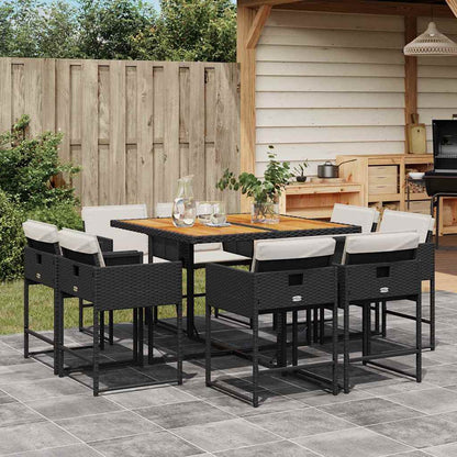 9 Piece Patio Dining Set with Cushions Black Poly Rattan