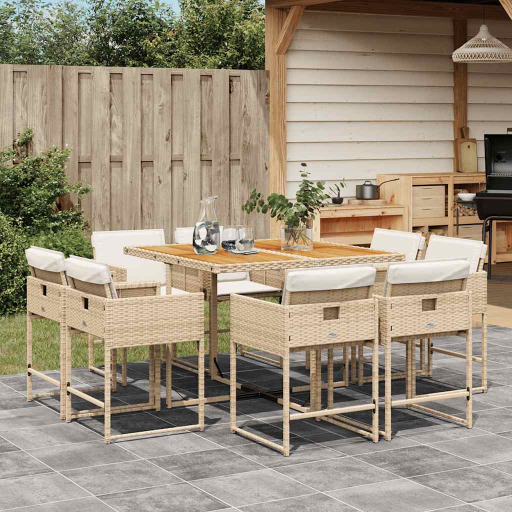 9 Piece Patio Dining Set with Cushions Beige Poly Rattan