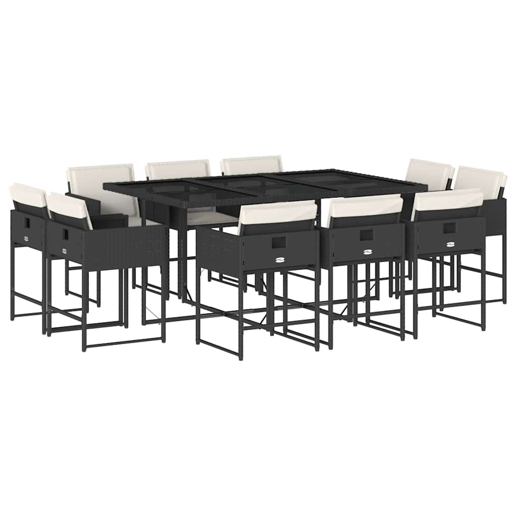 11 Piece Patio Dining Set with Cushions Black Poly Rattan