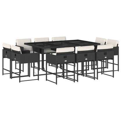 11 Piece Patio Dining Set with Cushions Black Poly Rattan