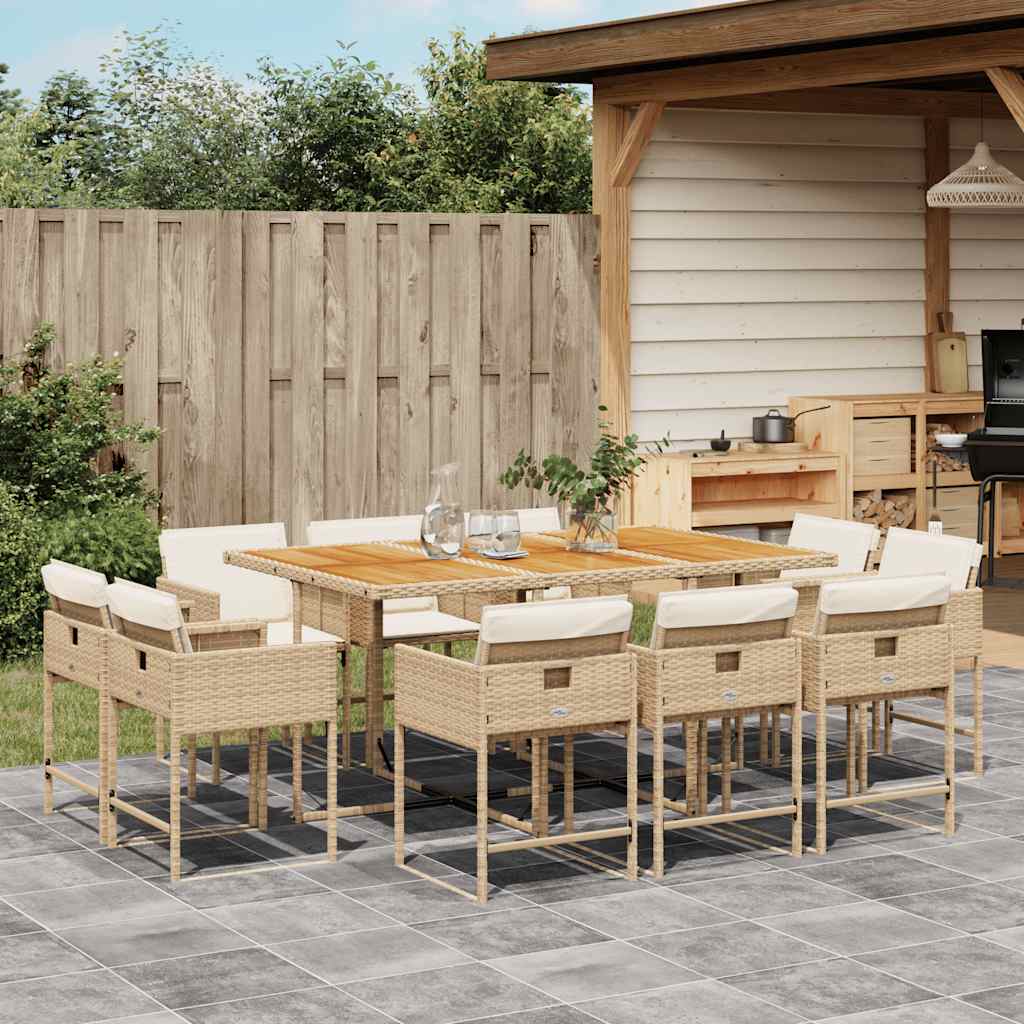 11 Piece Patio Dining Set with Cushions Beige Poly Rattan