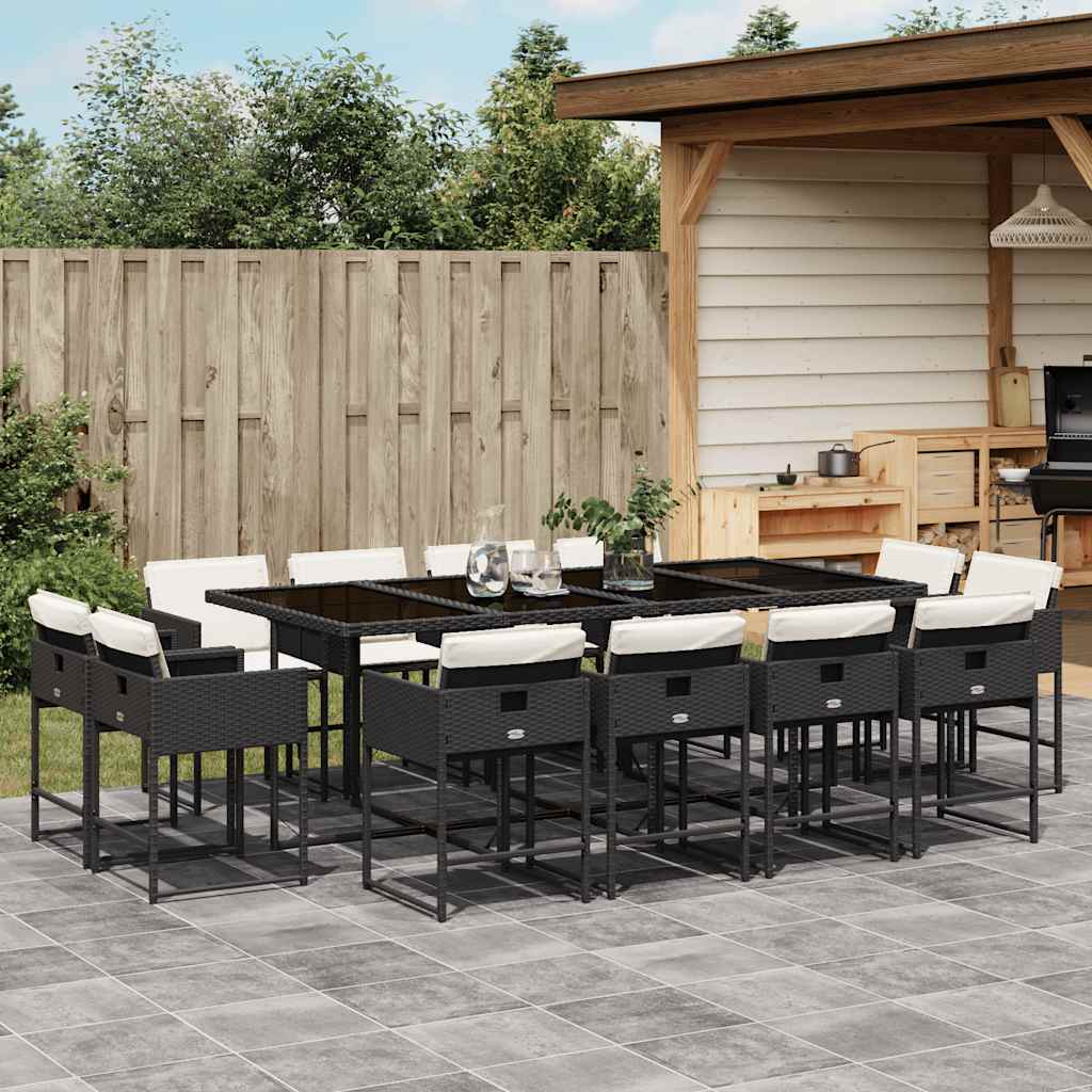 13 Piece Patio Dining Set with Cushions Black Poly Rattan