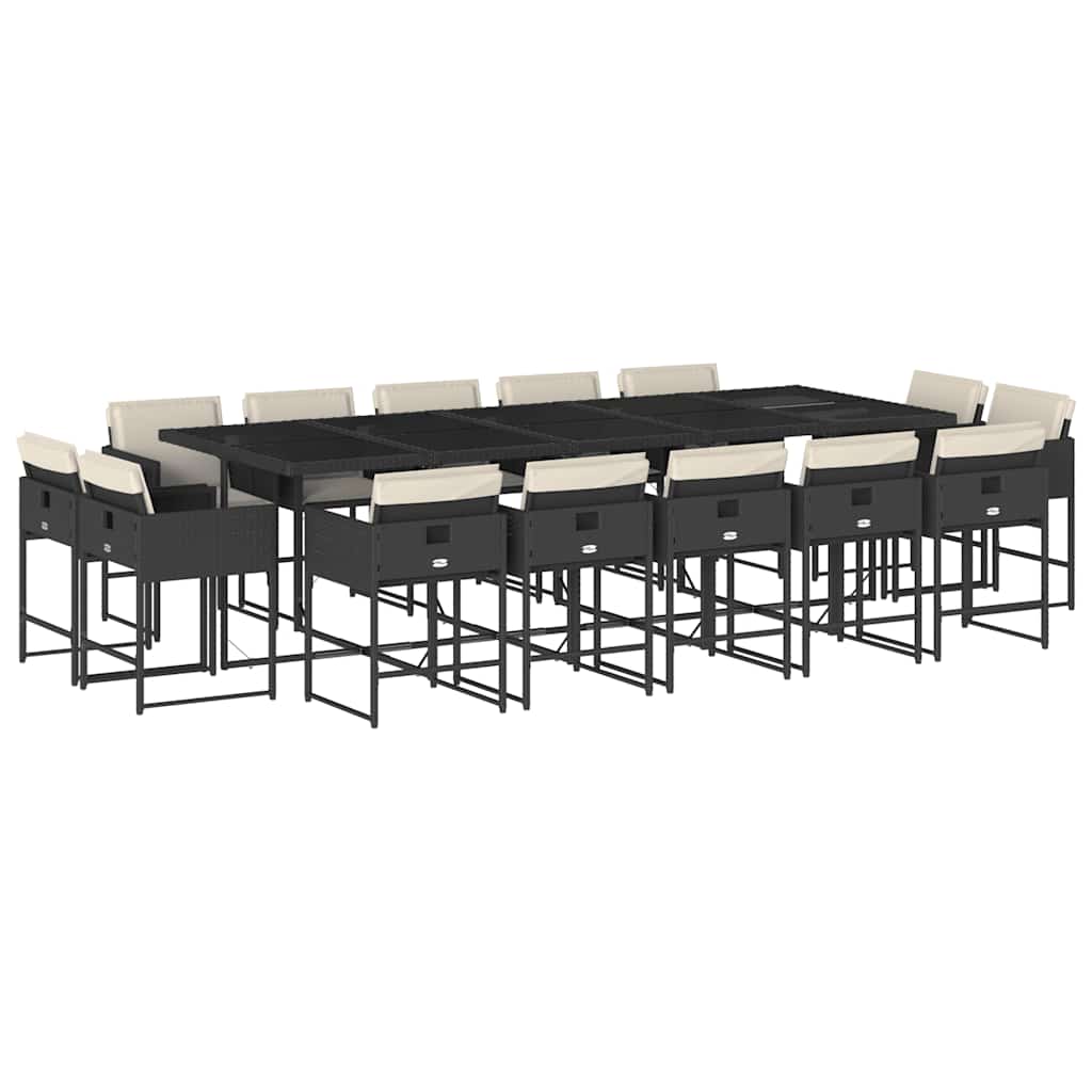 15 Piece Patio Dining Set with Cushions Black Poly Rattan