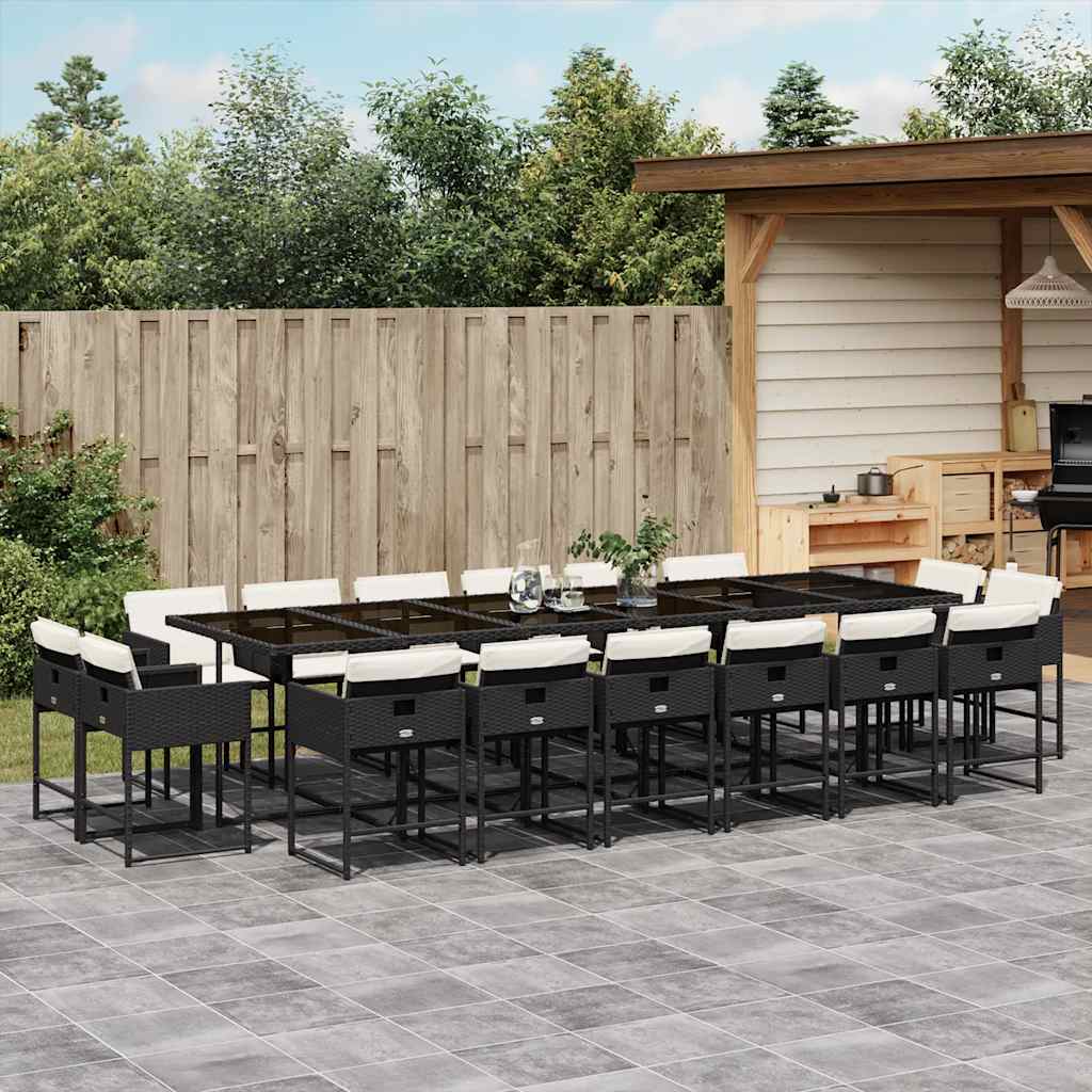 17 Piece Patio Dining Set with Cushions Black Poly Rattan