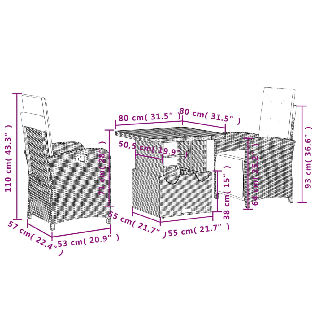 3 Piece Patio Dining Set with Cushions Black Poly Rattan